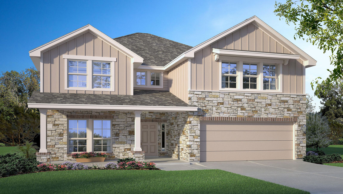 Kiawa Elevation H with stone masonry.