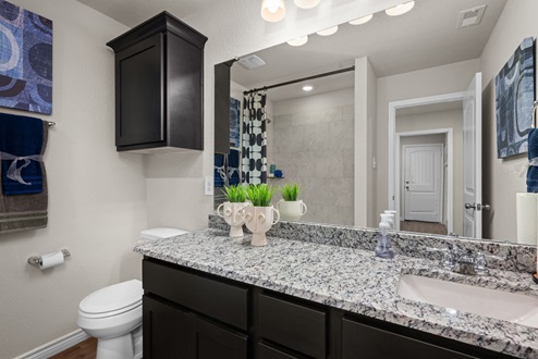 Southern Pointe model home secondary bathroom with granite countertops