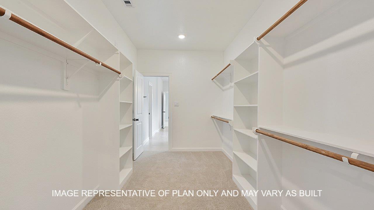 Brighton primary bedroom closet with carpet and shelving.