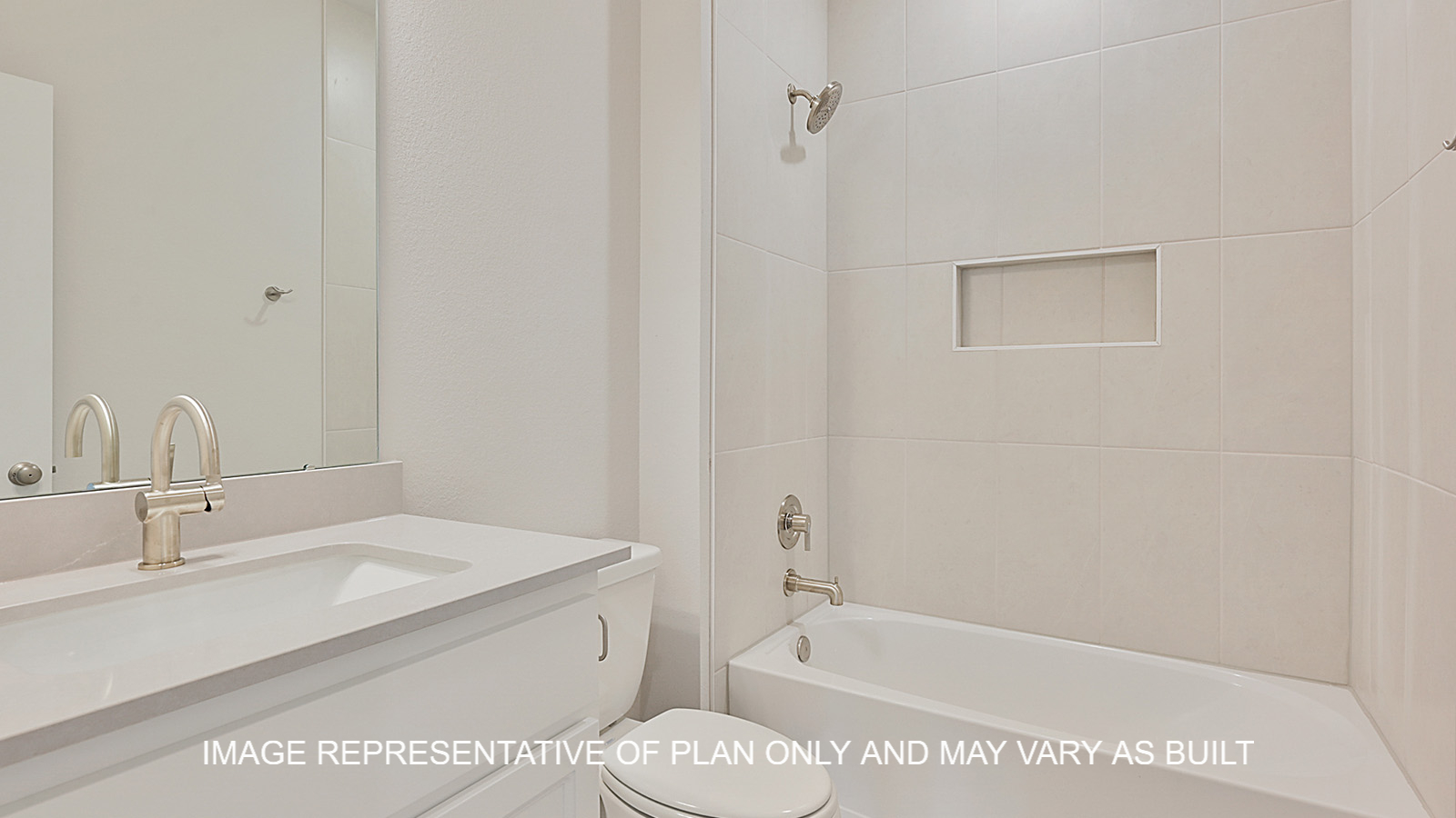 Oxford secondary bathroom with white cabinets, white quartz countertops and brushed nickel fixtures.