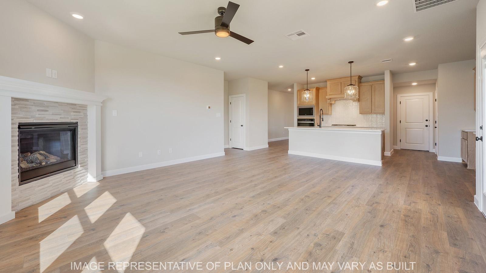 Norwood living room with view to kitchen.