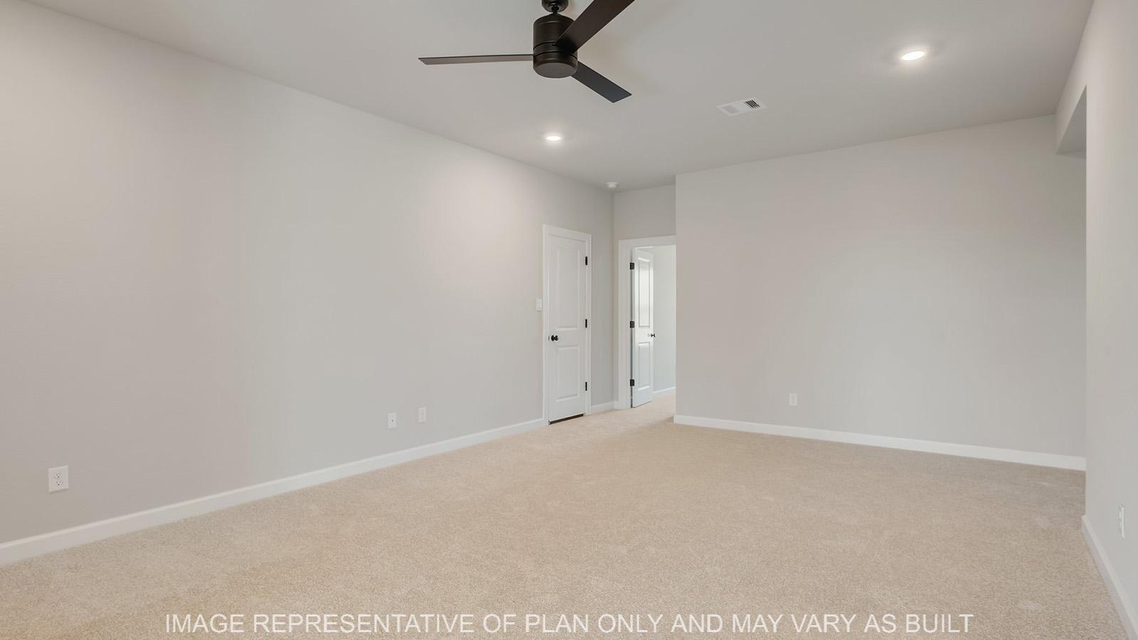Norwood upstairs gameroom with carpeted flooring and ceiling fan.