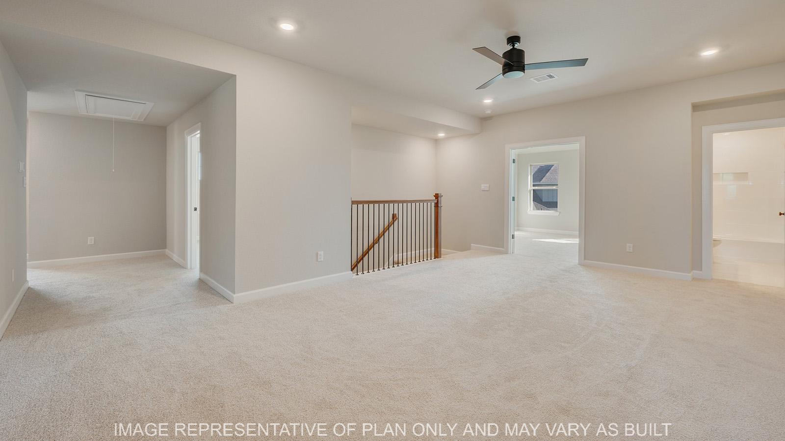 Norwood upstairs gameroom with carpeted flooring and ceiling fan.