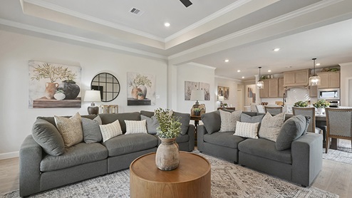 Spacious living room open to kitchen and dining.