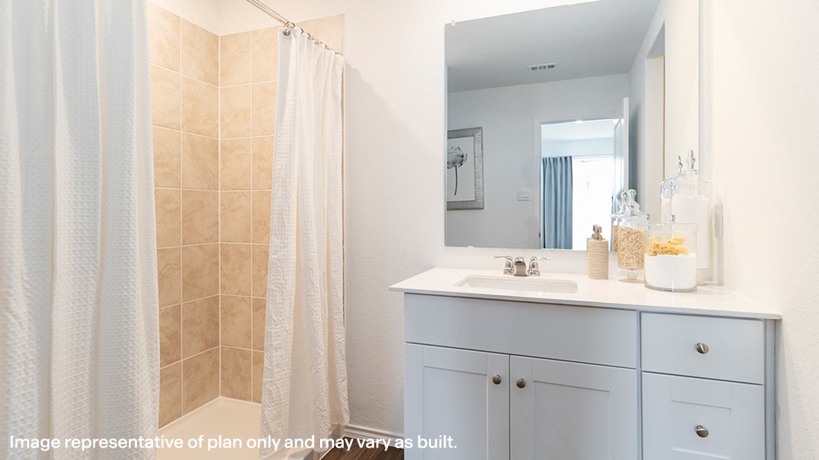 Estero primary bathroom with single vanity and walk-in shower.