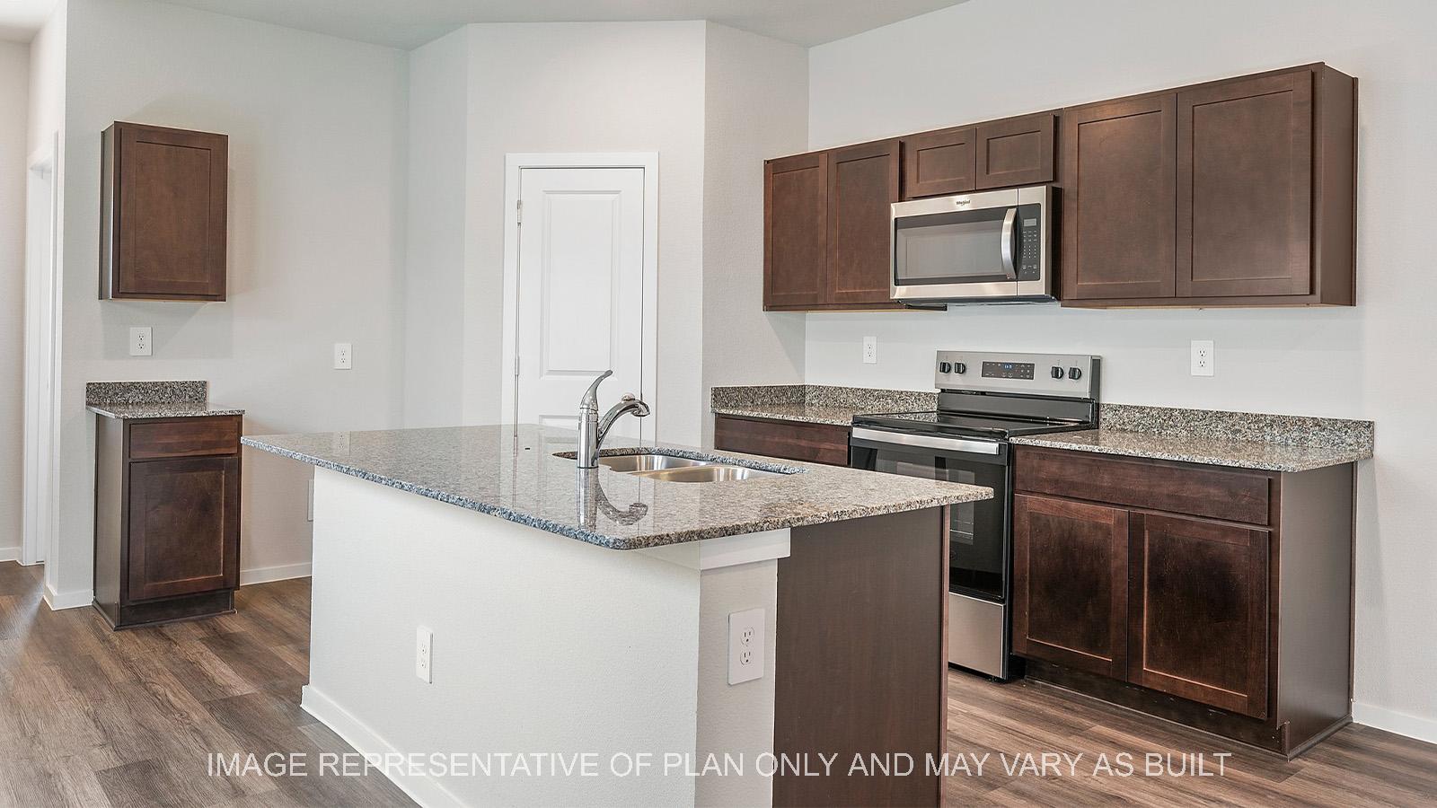 Diana kitchen with dark stained cabinetry, granite countertops, and vinyl plank flooring.