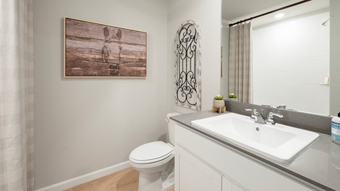 Wilkins Valley secondary bathroom with shower/tub combo and gray quartz countertop