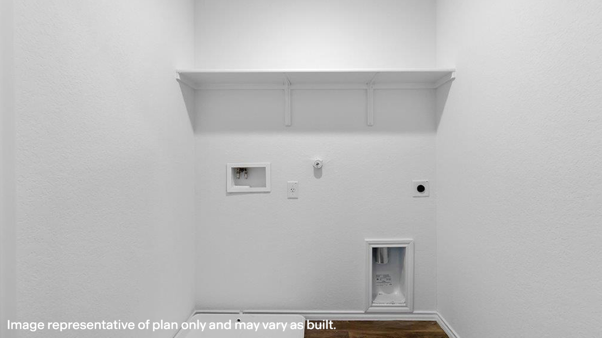 Franklin utility room with washer and dryer connections and shelving.