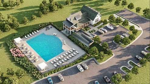 aerial view of the clubhouse and pool