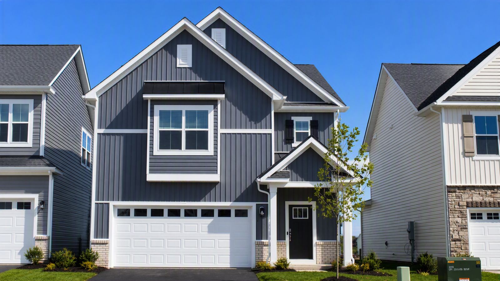 New single-family home in Winchester, VA featuring modern farmhouse architecture, attached two-car garage, professional landscaping, and new construction curb appeal.