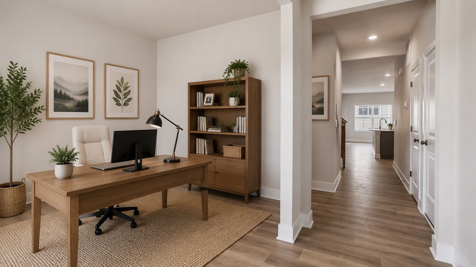 Dedicated home office in a Winchester VA single-family home featuring executive desk, built-in storage, and functional remote work space.