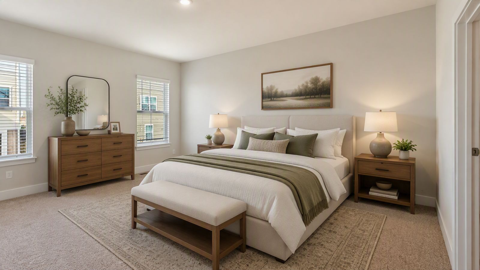 Luxurious primary bathroom in a Winchester VA new construction home featuring dual vanities, walk-in shower, granite countertops, and modern fixtures.