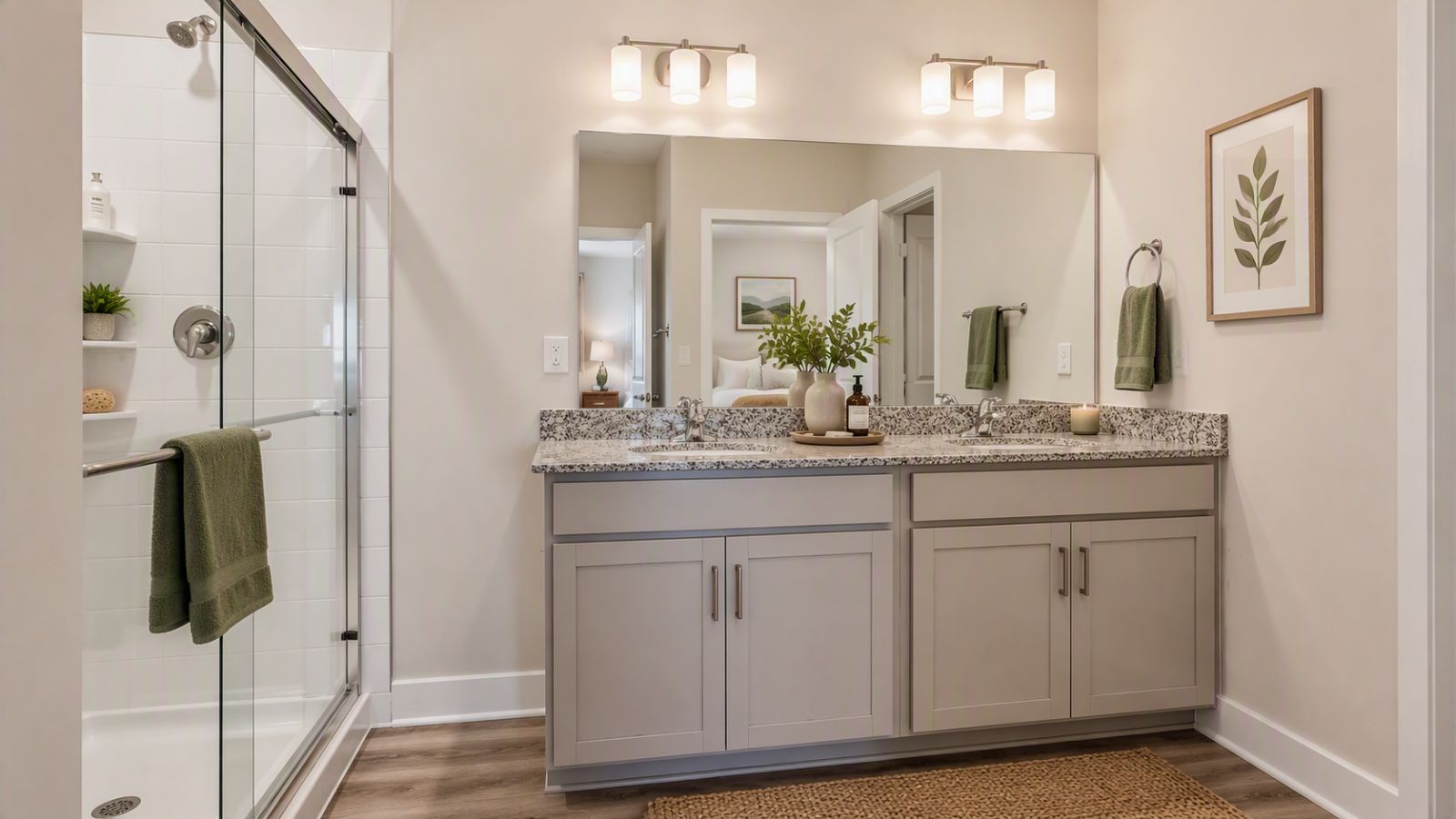 Luxurious primary bathroom in a Winchester VA new construction home featuring dual vanities, walk-in shower, granite countertops, and modern fixtures.