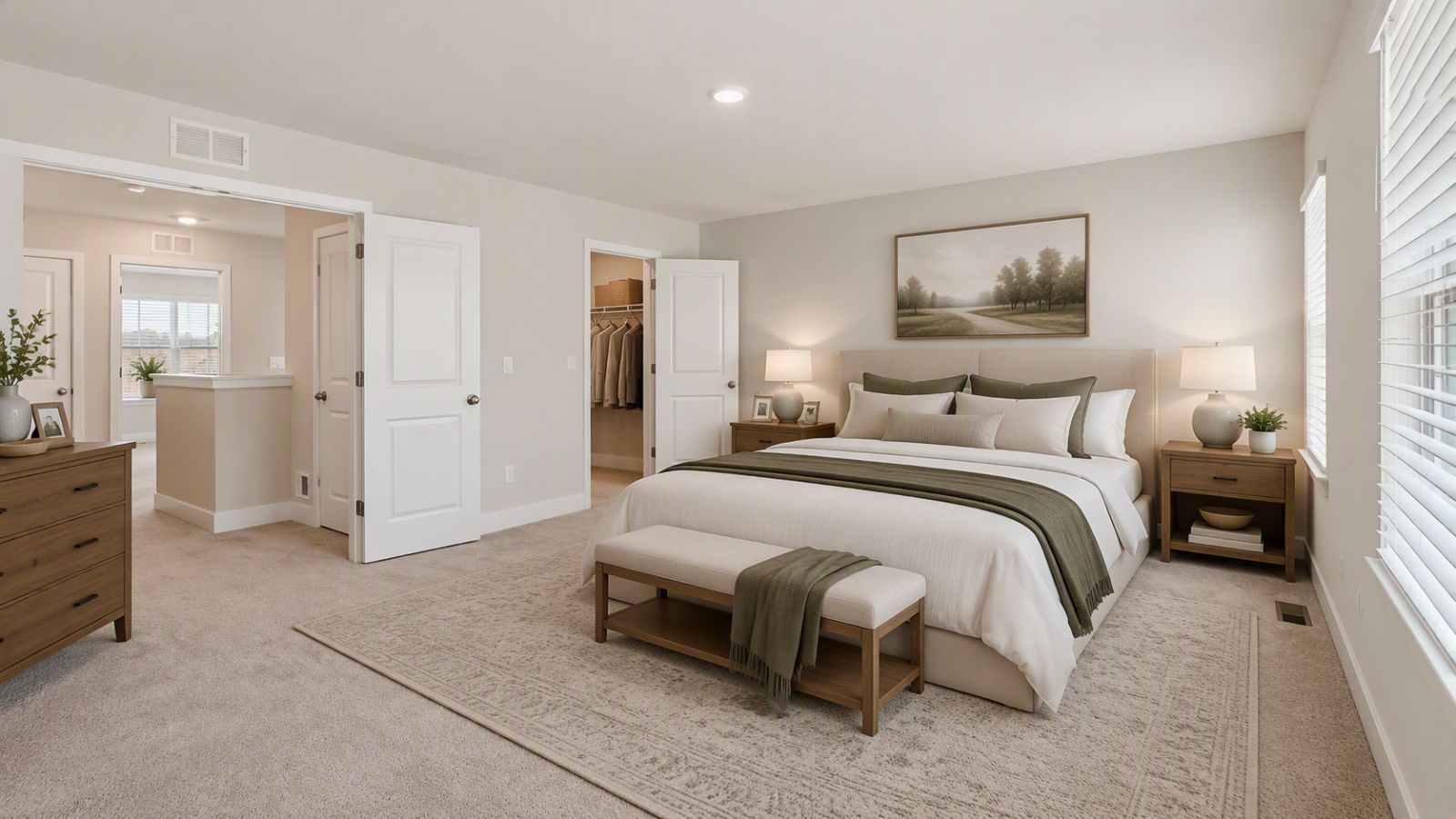 Bright owner's suite in a new Winchester VA home showcasing a spacious layout, designer finishes, and comfortable retreat-style living.