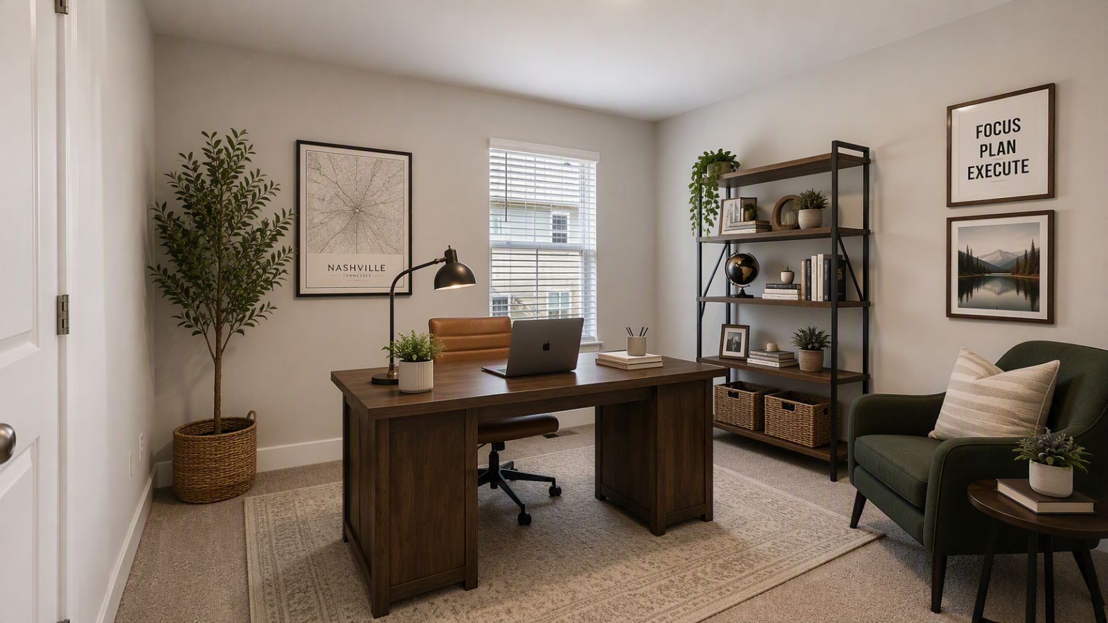 Dedicated home office in a Winchester VA single-family home featuring executive desk, built-in storage, and functional remote work space.