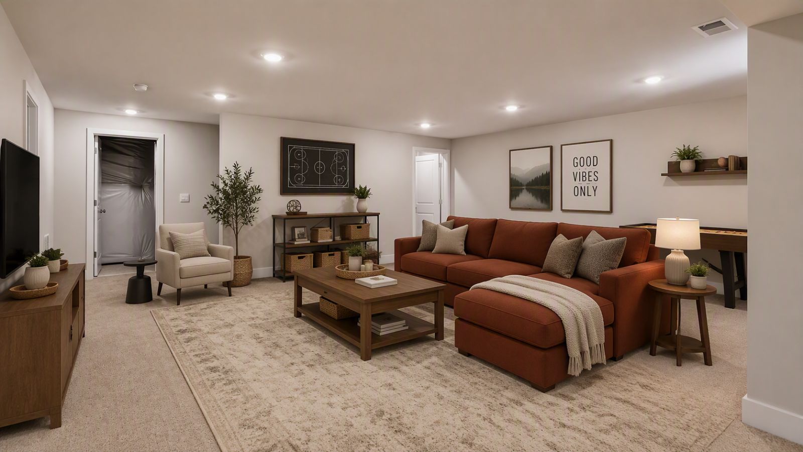 Finished basement recreation room in a Winchester VA single-family home featuring flexible entertainment space, lounge area, and modern finishes.