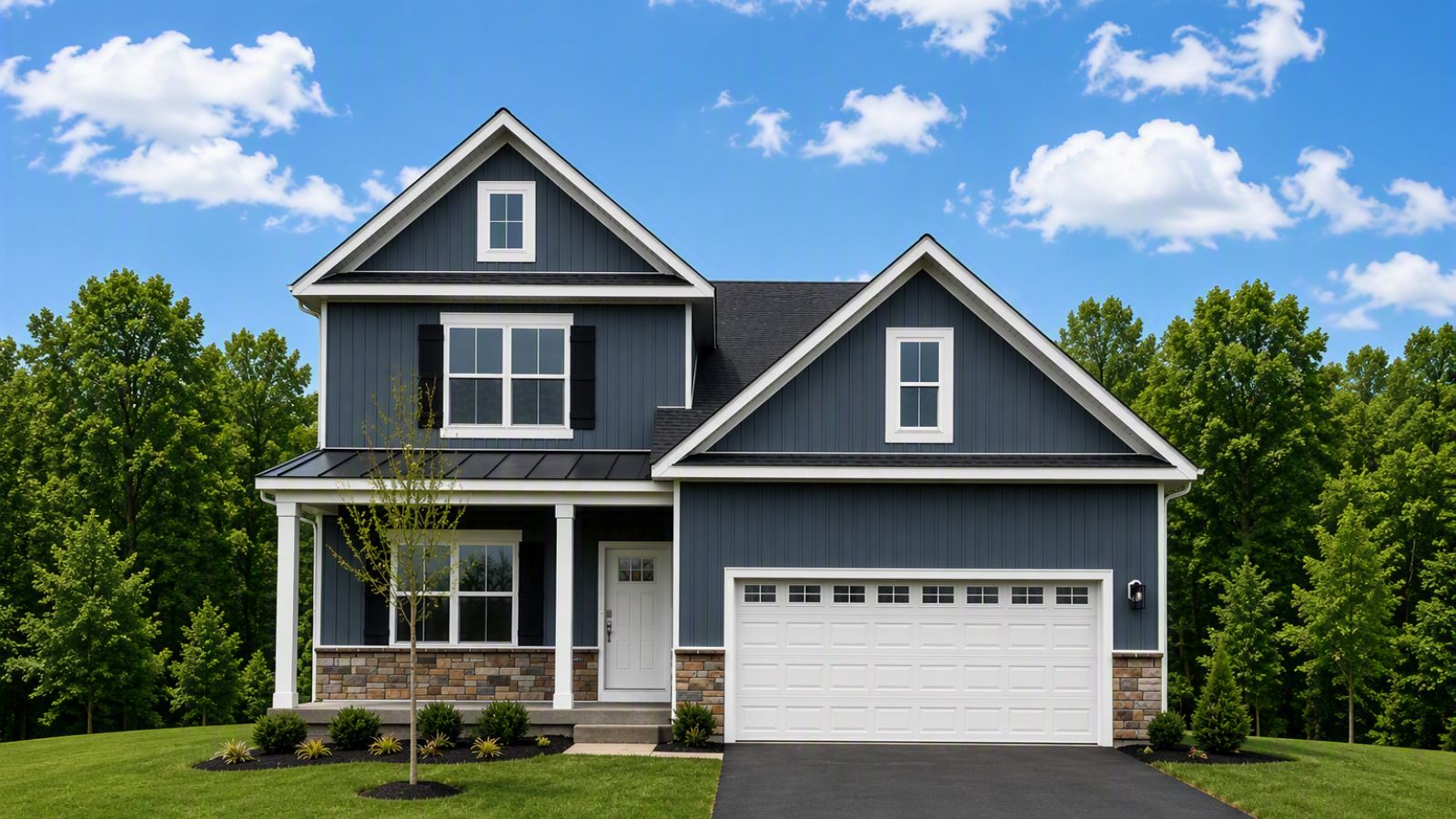 New single-family home for sale in Winchester VA featuring modern architecture, attractive curb appeal, front-entry garage, and professionally landscaped homesite.