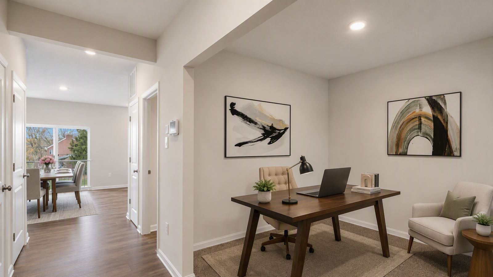 open concept living space and dedicated office space
