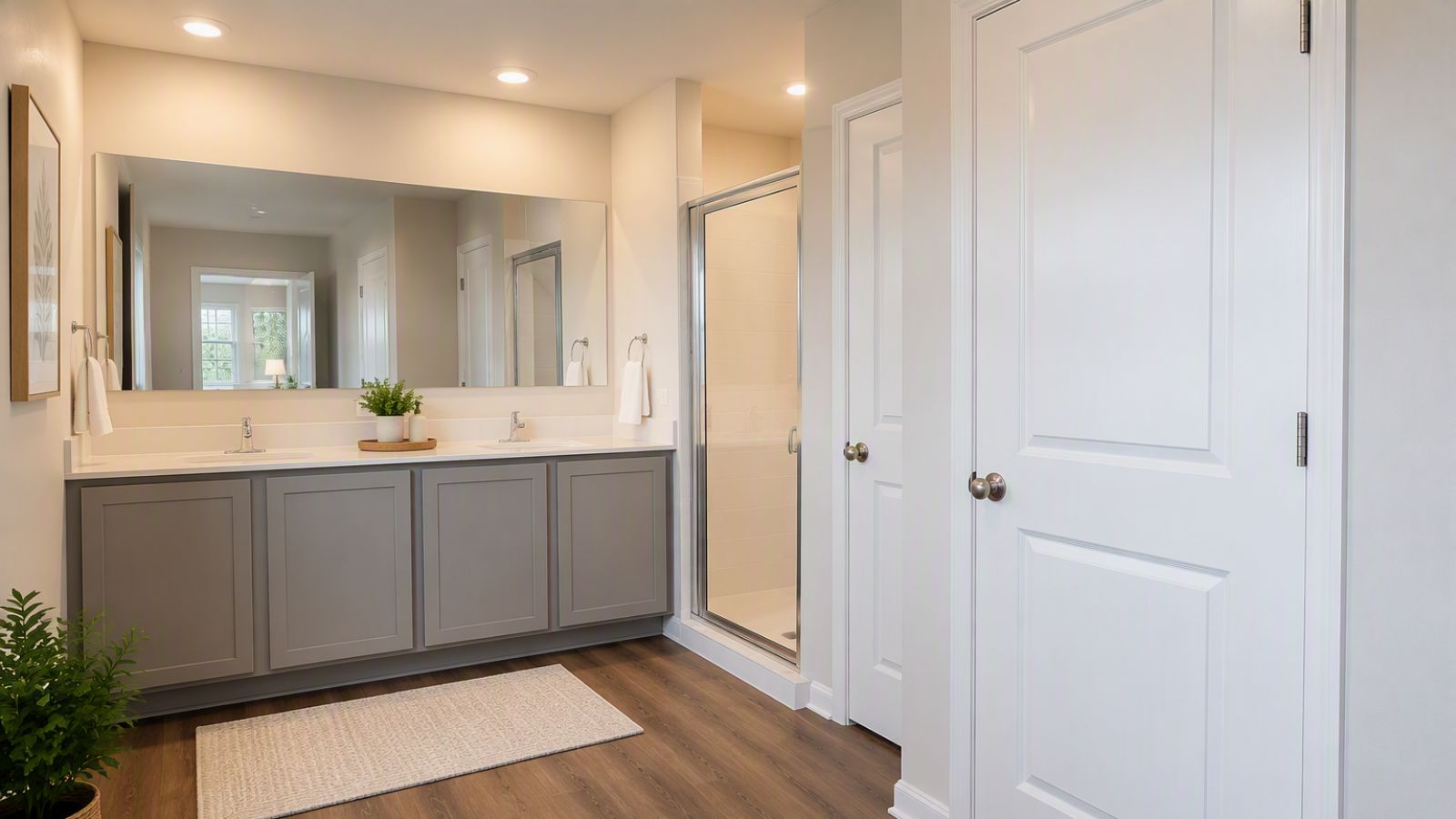 primary bathroom witjh dual sink vanity and walk in shower