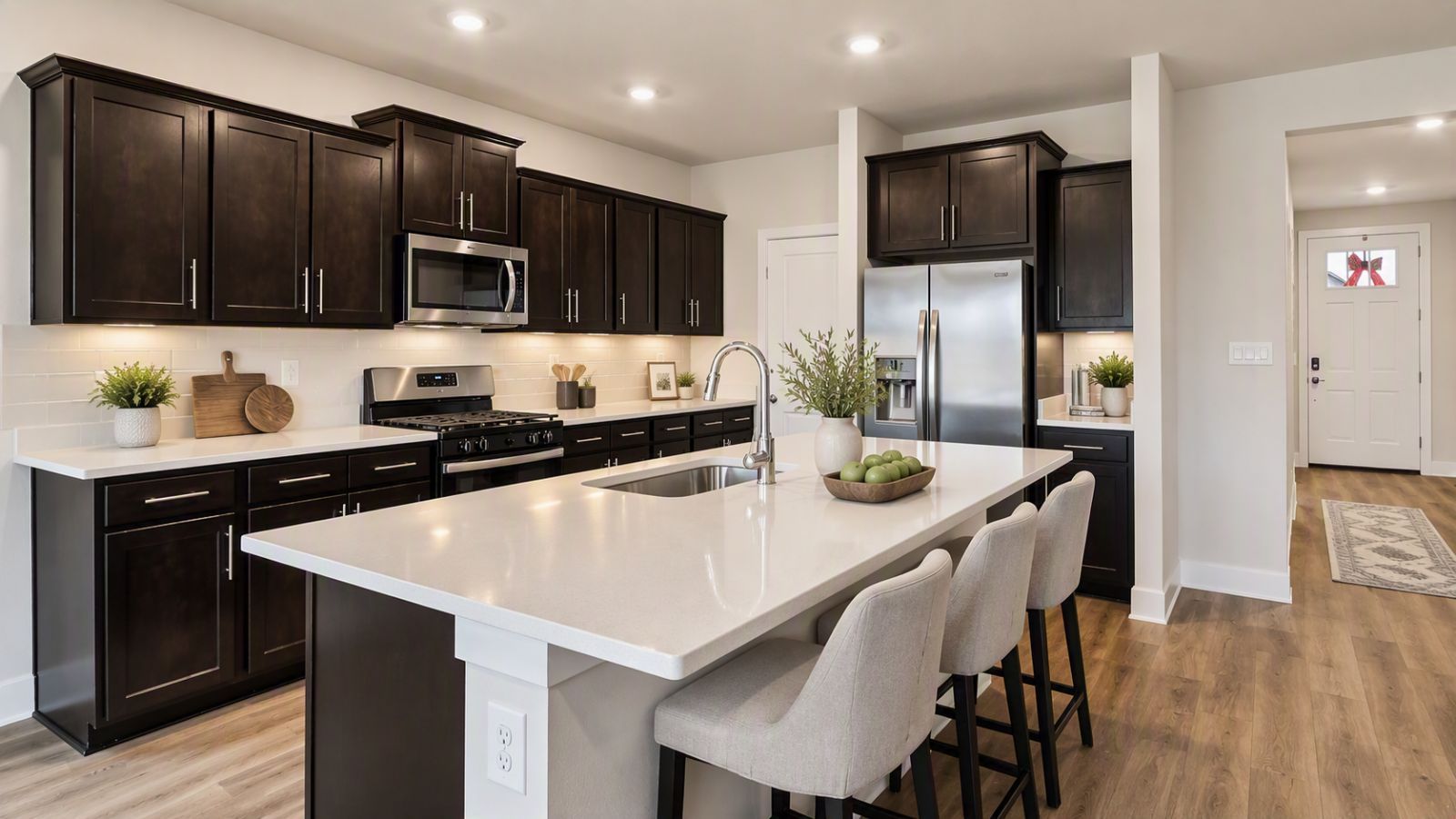 Staged gourmet kitchen in a new construction home in Fredericksburg, VA featuring a large quartz island, dark cabinetry, stainless steel appliances, and modern bar seating.