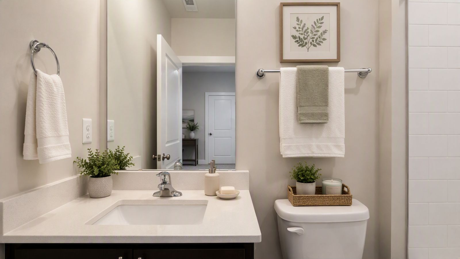 Modern secondary bathroom in a new construction home in Fredericksburg, Virginia with updated fixtures and stylish finishes.