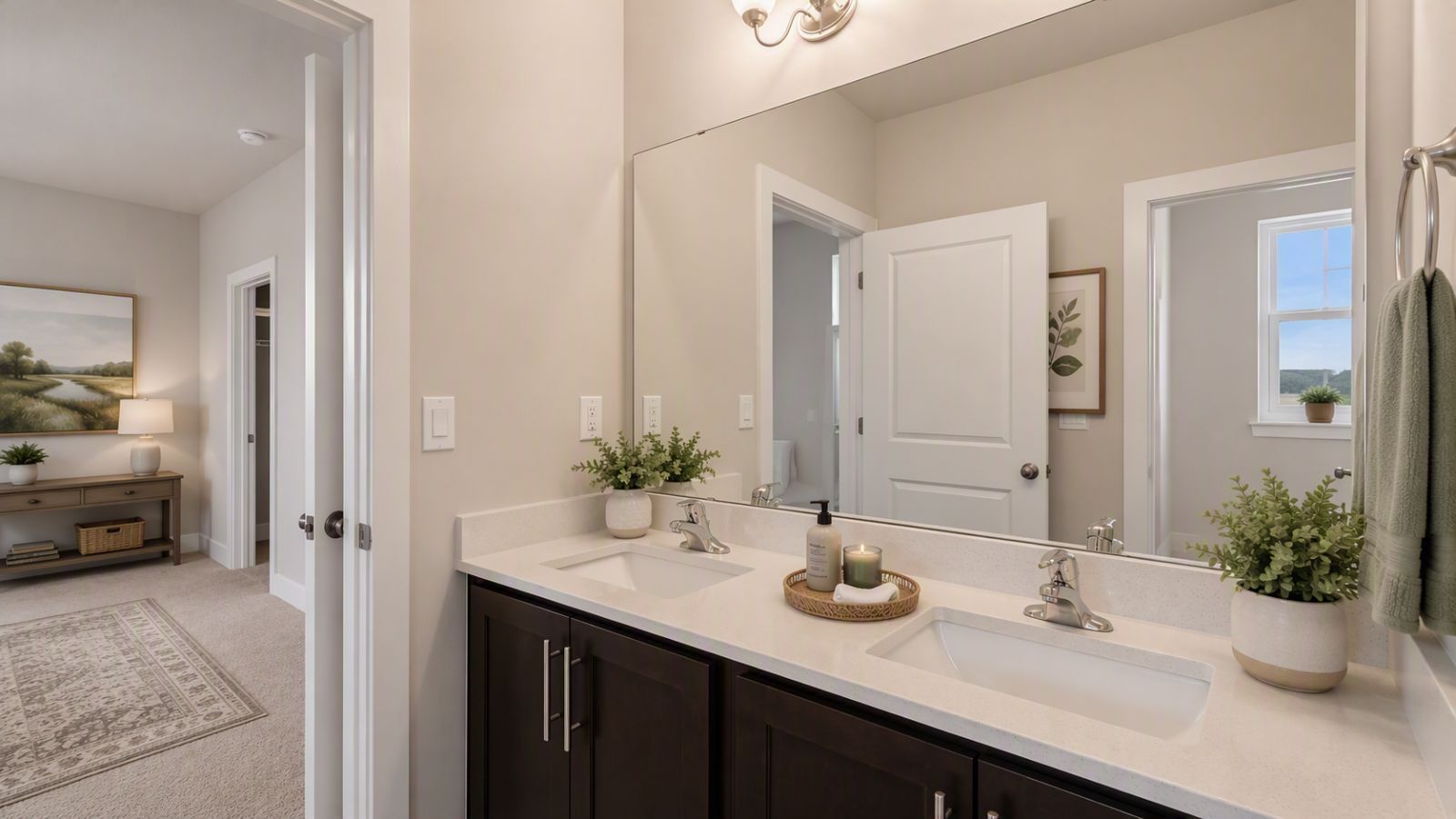Modern secondary bathroom in a new construction home in Fredericksburg, Virginia with updated fixtures and stylish finishes.