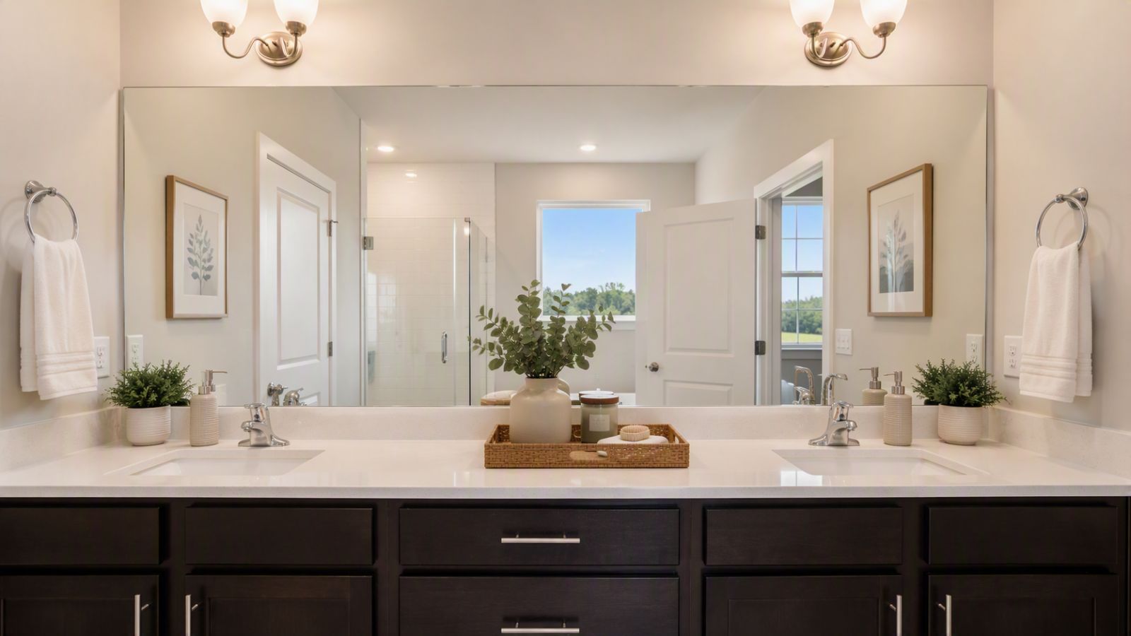 Luxury primary bathroom with dual vanities