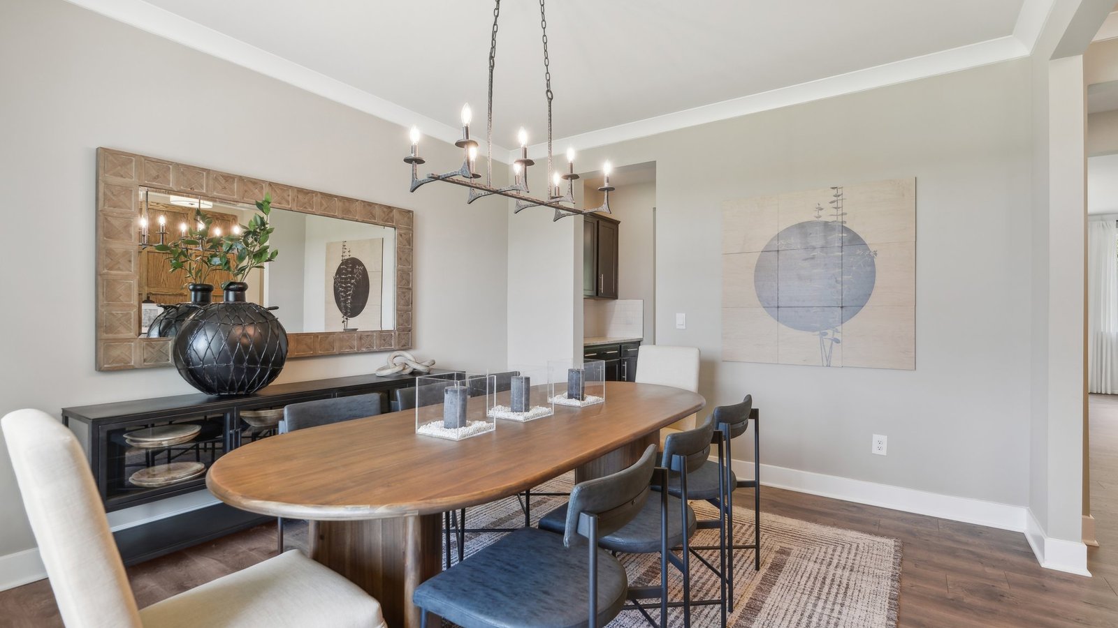 The formal dining room is directly connected to the kitchen