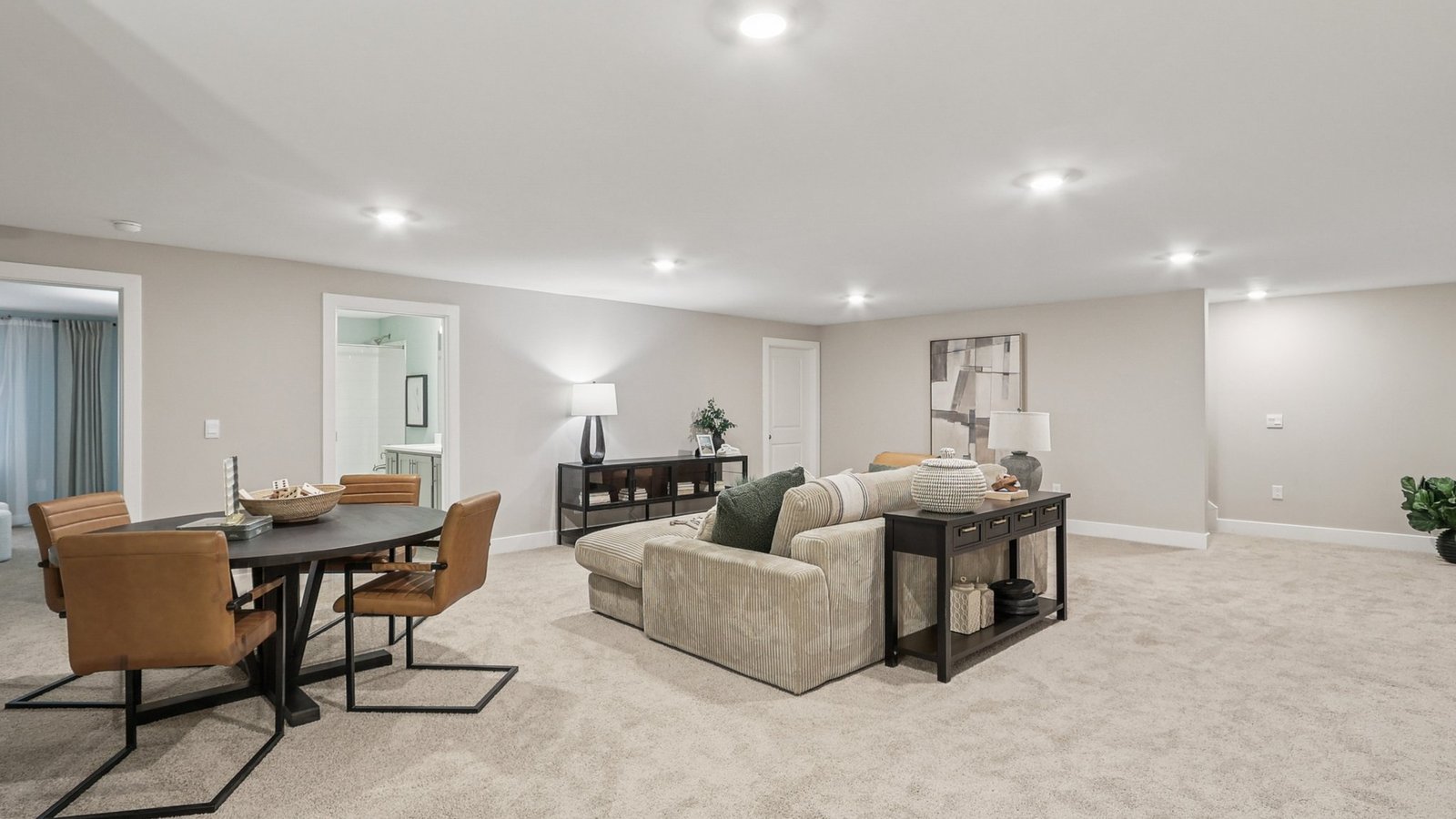 open oncept living room in basement