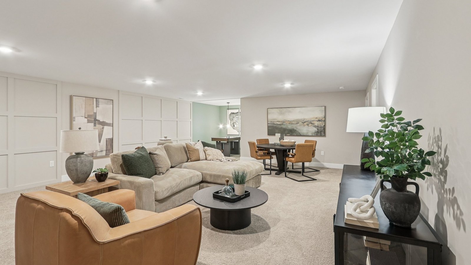 open oncept living room in basement