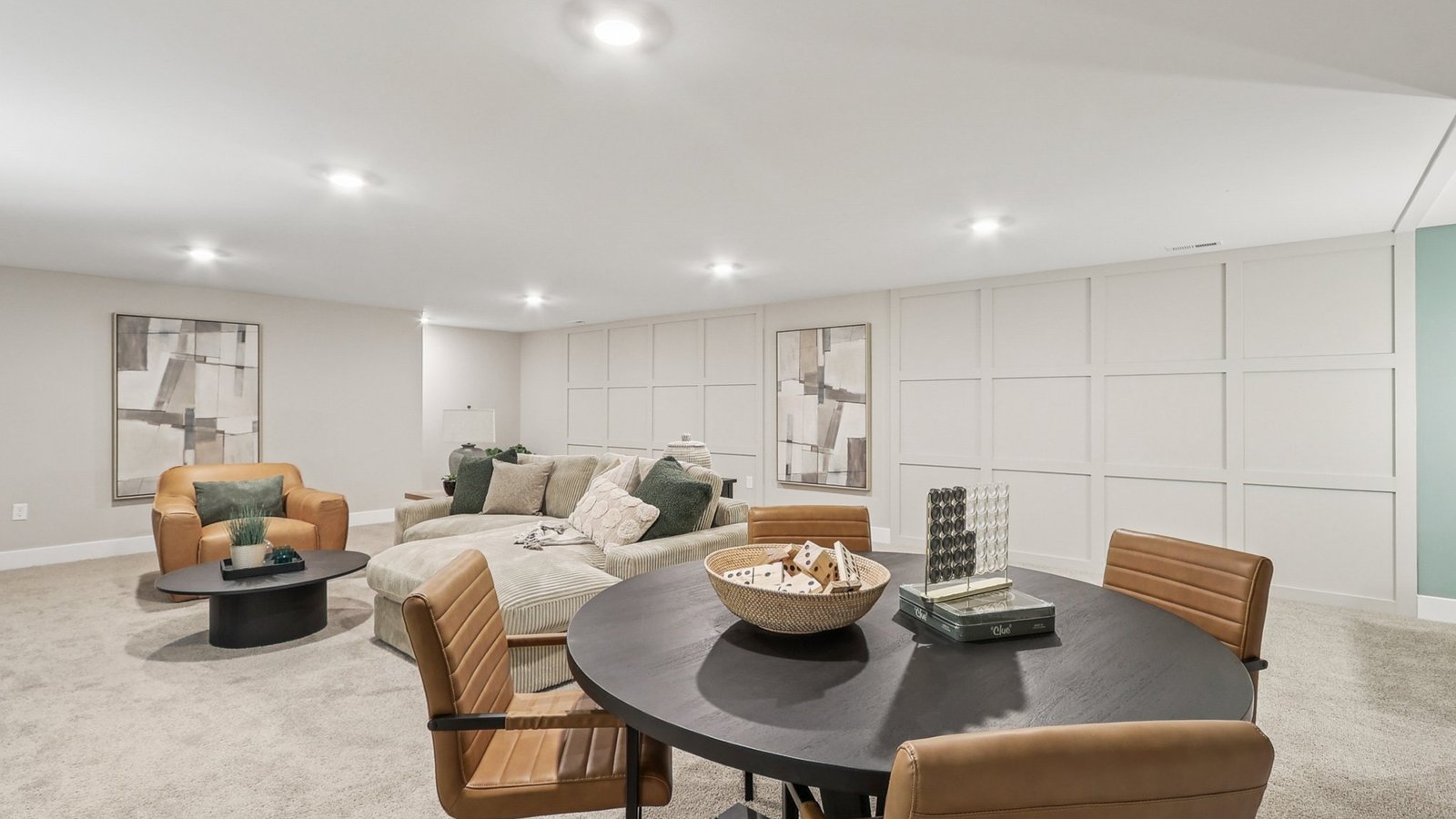 open oncept living room in basement