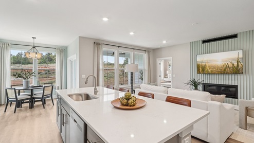 Kitchen island overlooks dining, living, and breakfast area