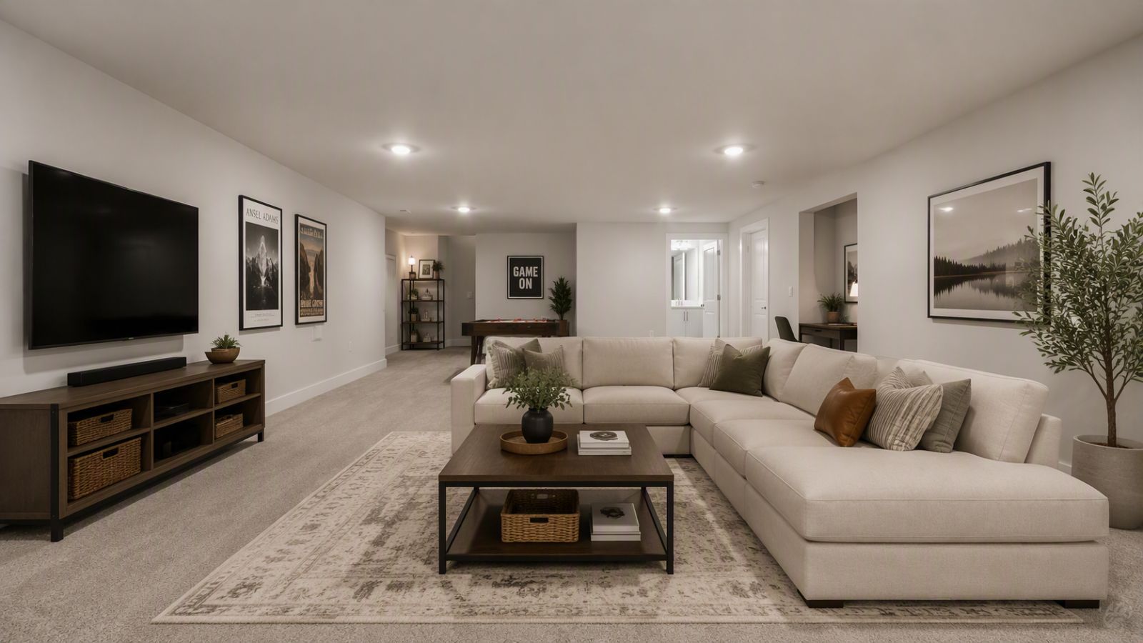open basement rec room