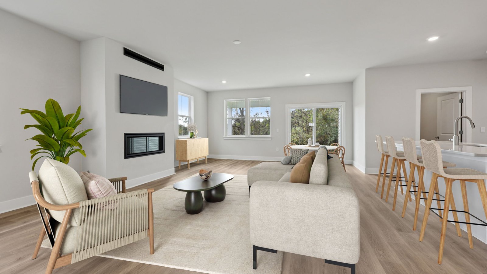 The dining room seamlessly connects with the living room and kitchen, ideal for entertaining.