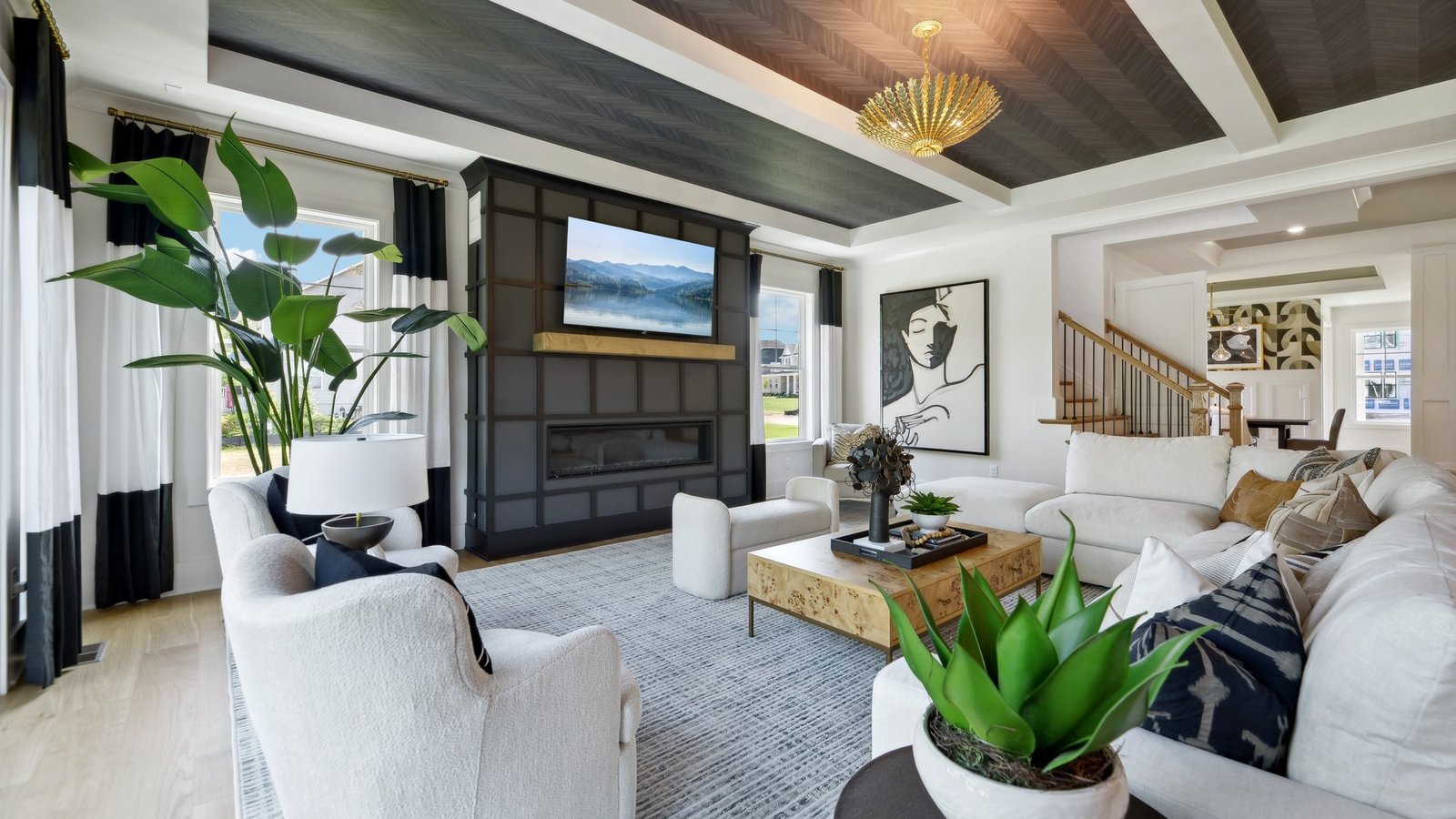 Lounge area on the first floor features a large fireplace