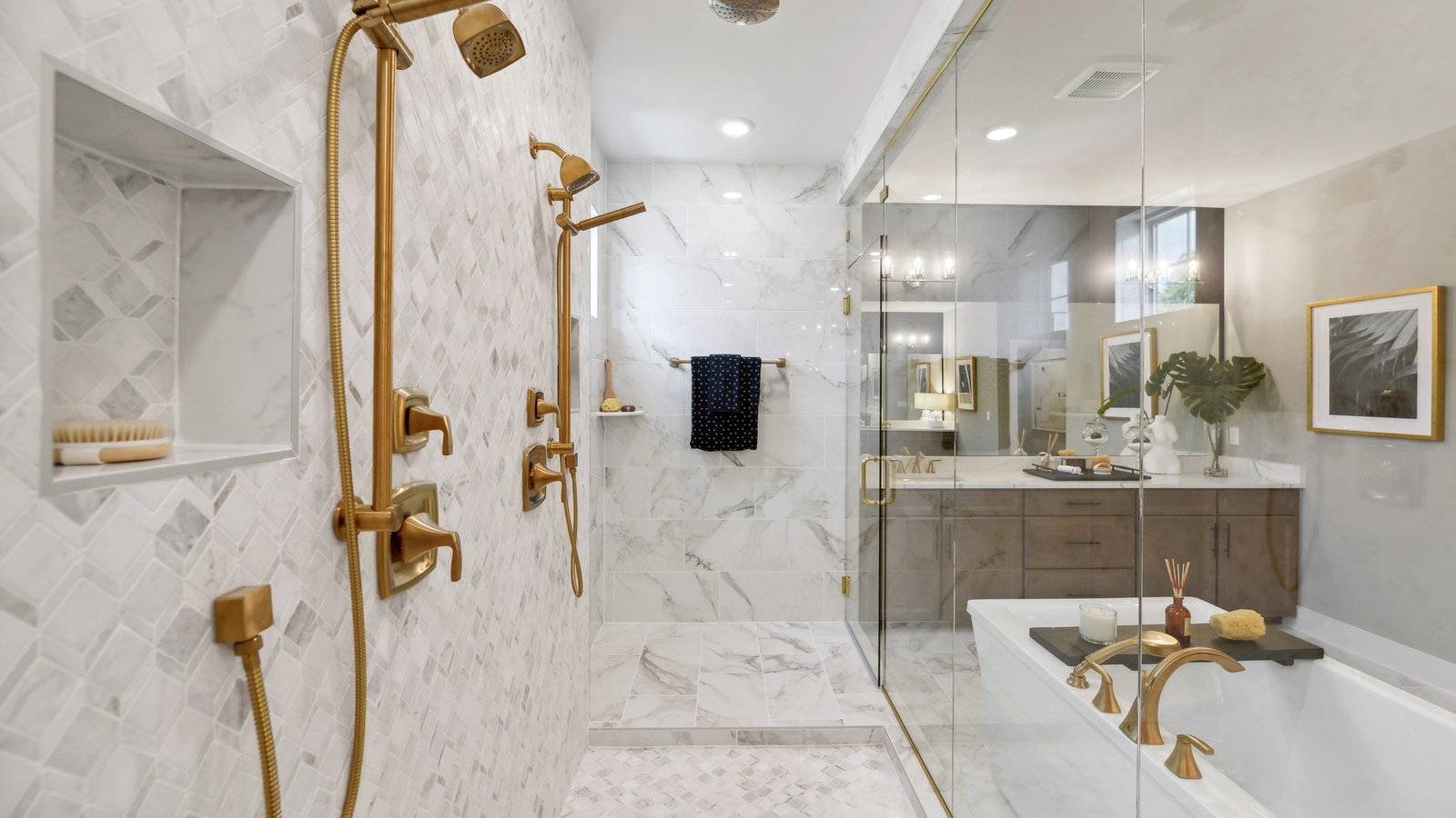 floor to ceiling shower in the primary bathroom