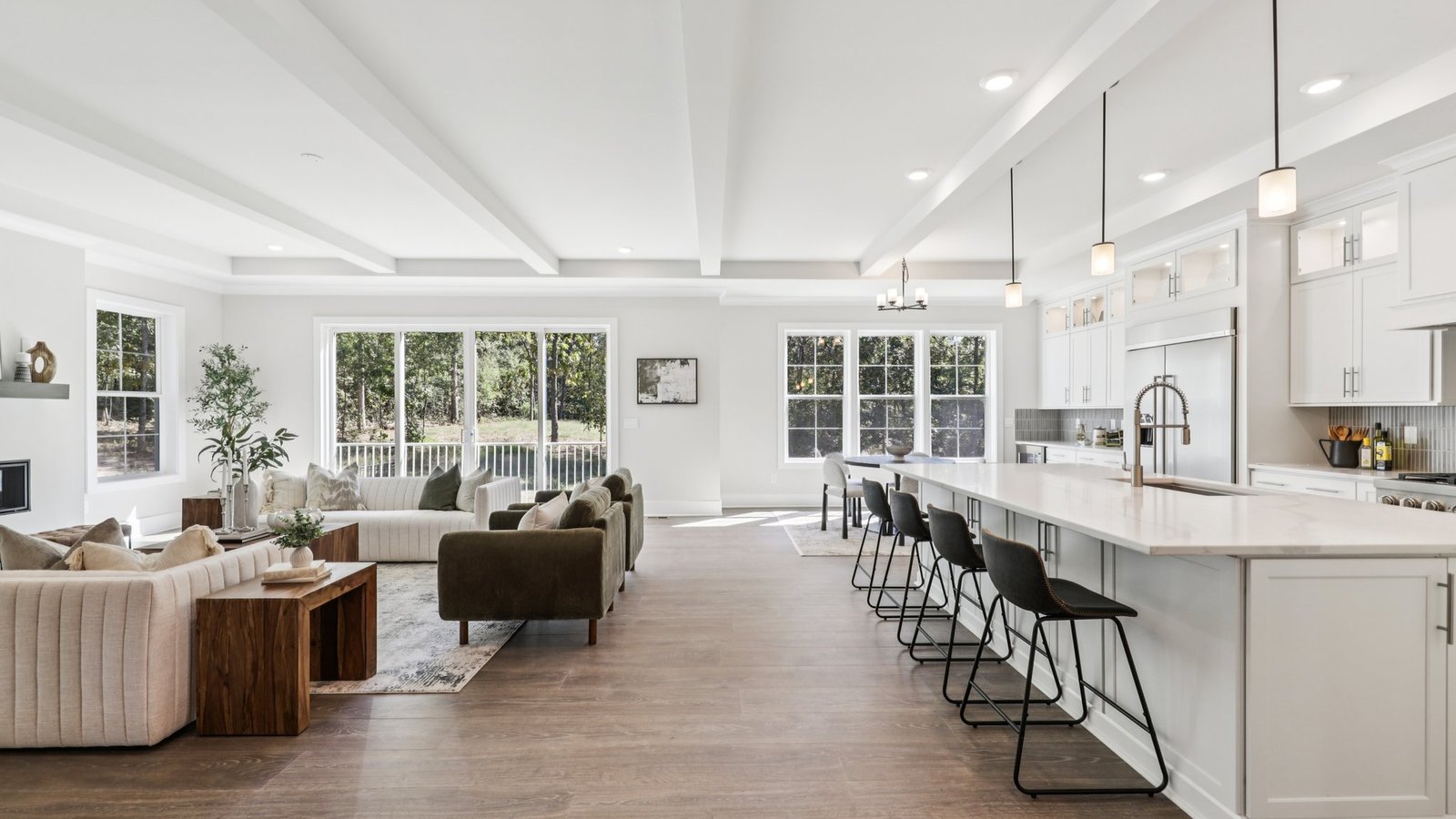 beautiful beamed ceiling in the open-concept main living space