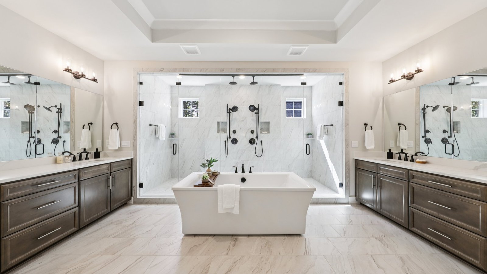 large vanities face each other in the primary bath