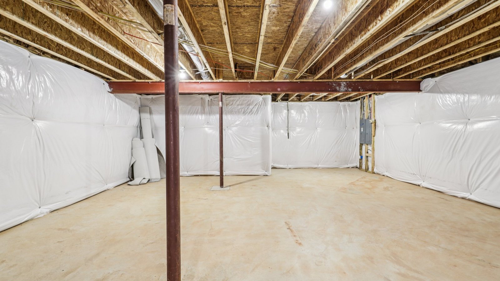 unfinished storage space in the basement
