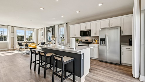 Kitchen and great room — long island facing living area with large sunny windows.