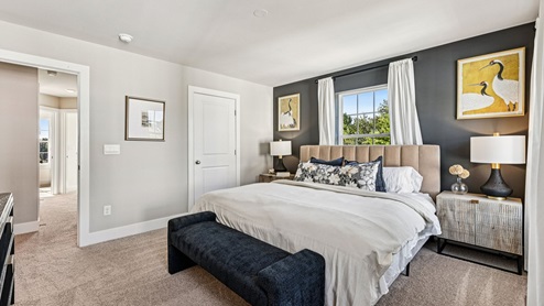 Primary bedroom — king bed on dark accent wall, bench at foot.