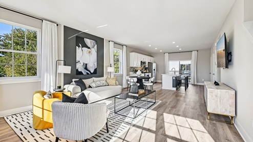Open concept — living, dining, and kitchen in a light-filled space with large windows.