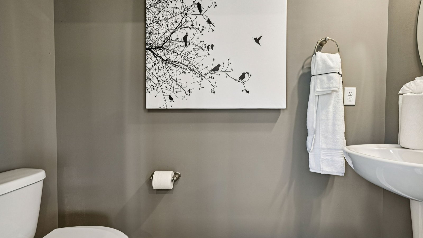 Powder room — pedestal sink, round mirror, and bird artwork on taupe walls.