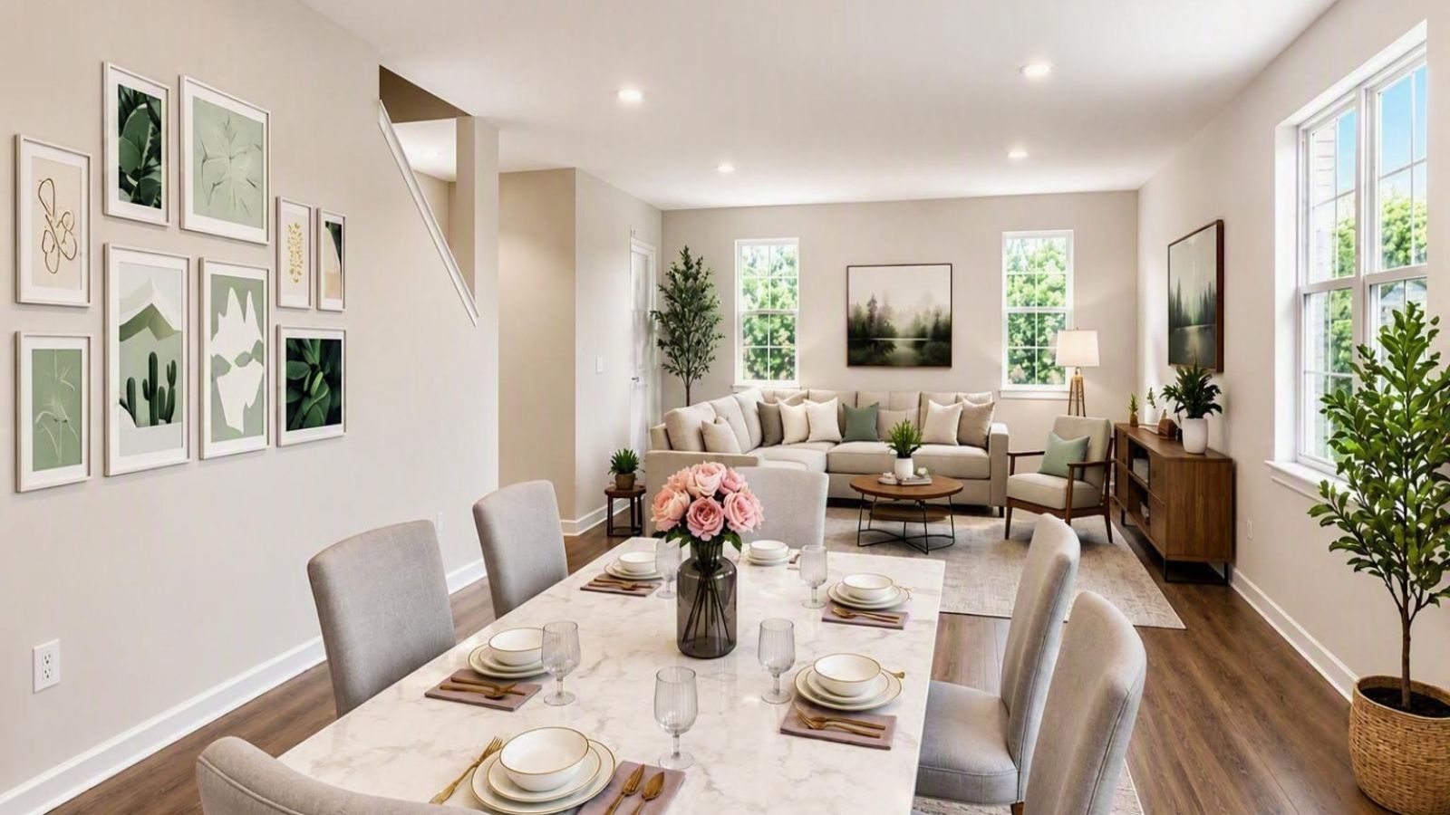 open concept living dining and kitchen