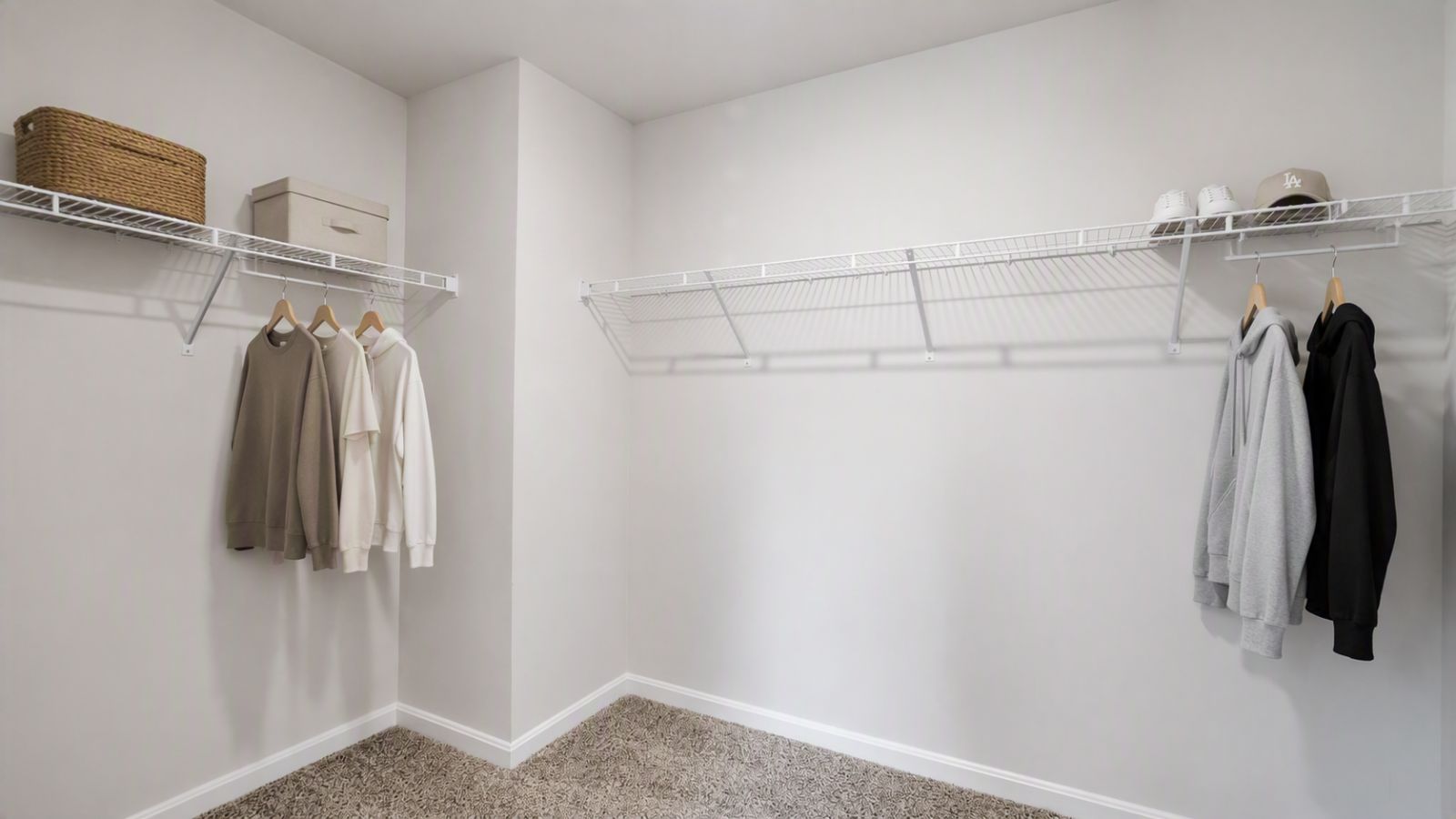 Large walk-in closet in a new single-family home in King George VA offering abundant storage space