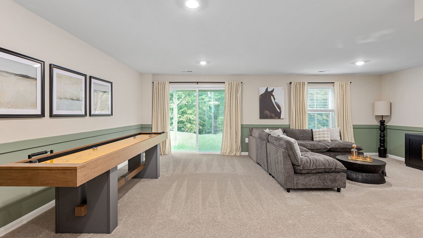 Finished lower-level living space in a new single-family home in King George, VA.