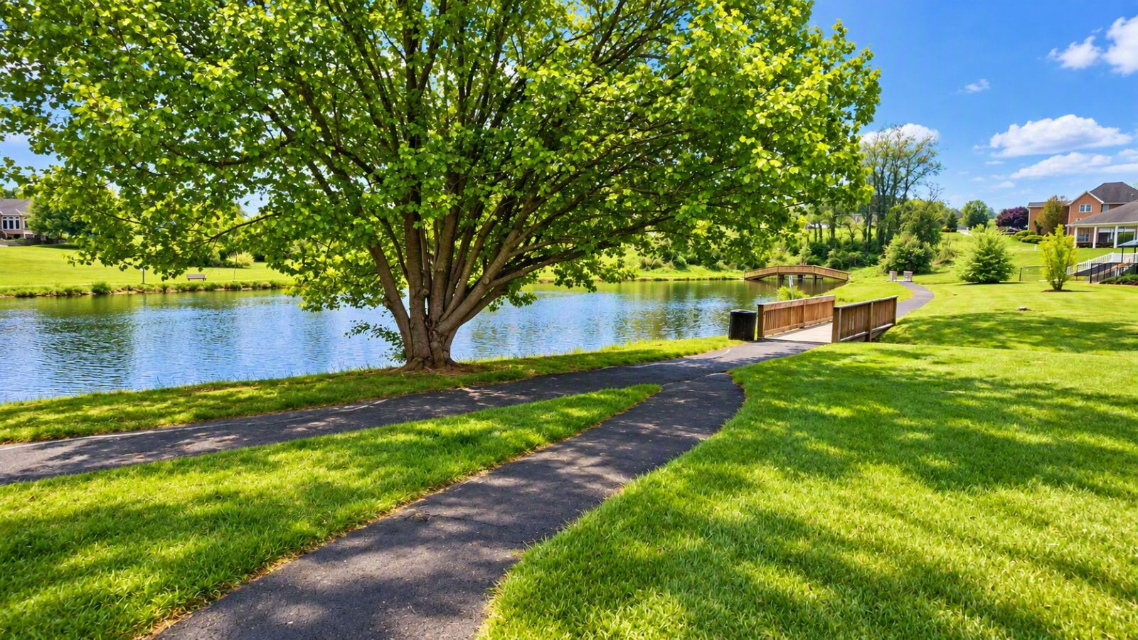 Resort-style community amenities in Staunton Virginia with covered pavilion, picnic tables, grilling stations, and scenic open spaces.