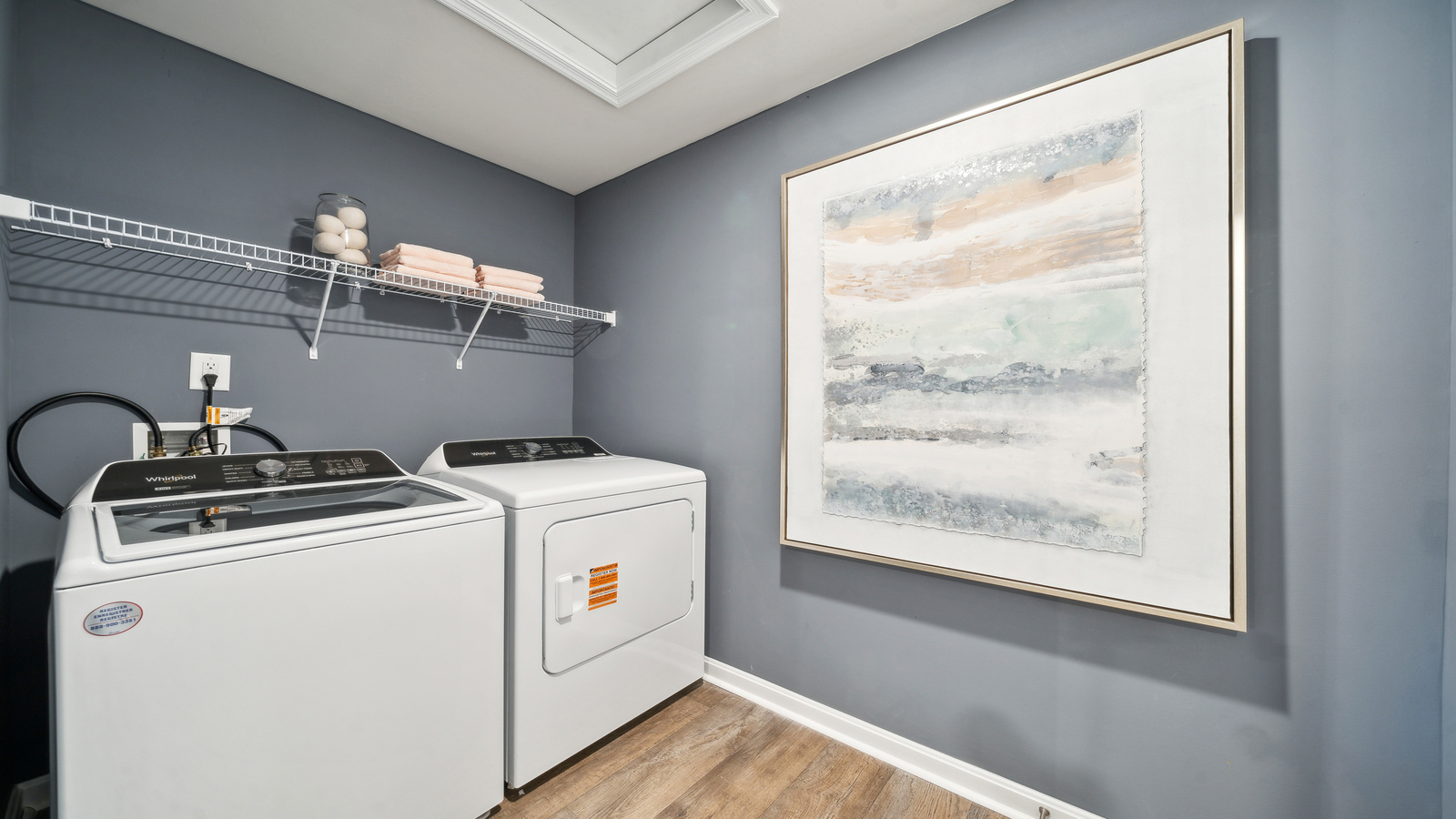 Eagle Ridge utility laundry smartly designed overhead organized efficient storage, drop zone, with new washer, dryer included