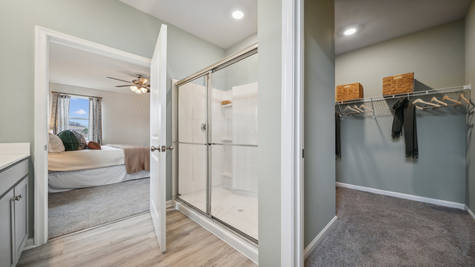 D.R. Horton crafted a walk-in closet off the primary bedroom in Red Oaks, showcasing efficient storage design