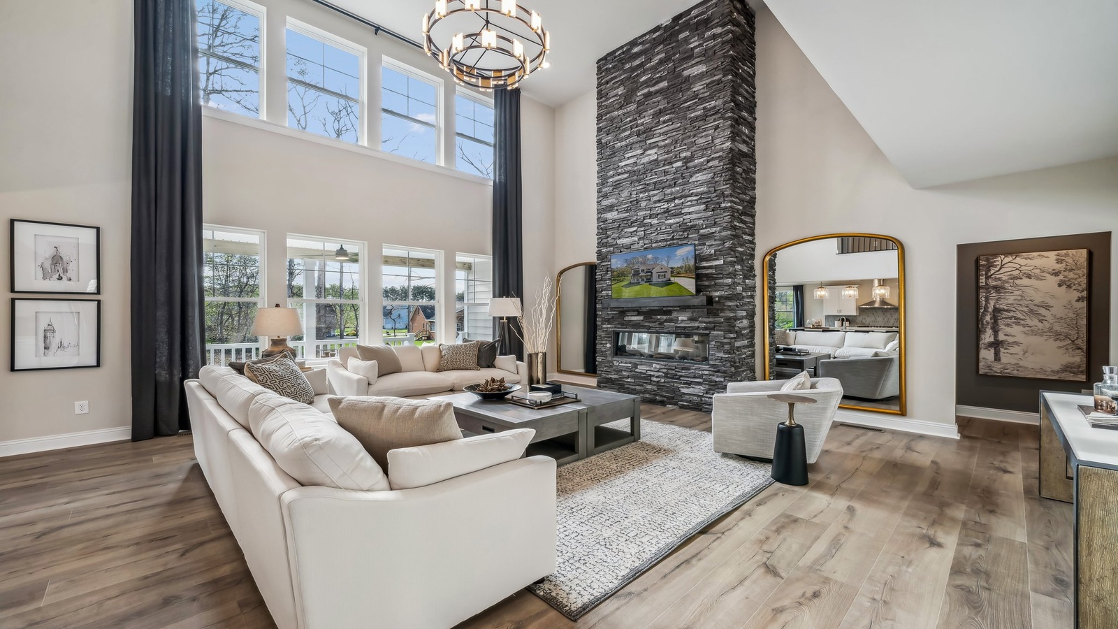 Red Oaks new residence with dramatic front living room with electric fireplace just off entryway